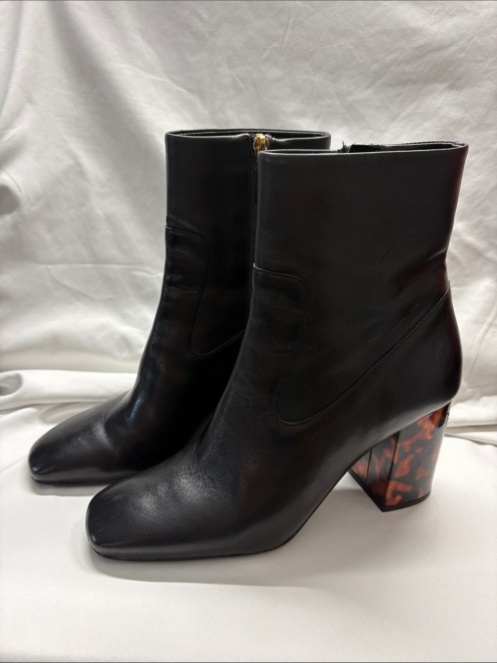Michael Kors Black Leather Ankle Boots with Tortoiseshell Block Heel